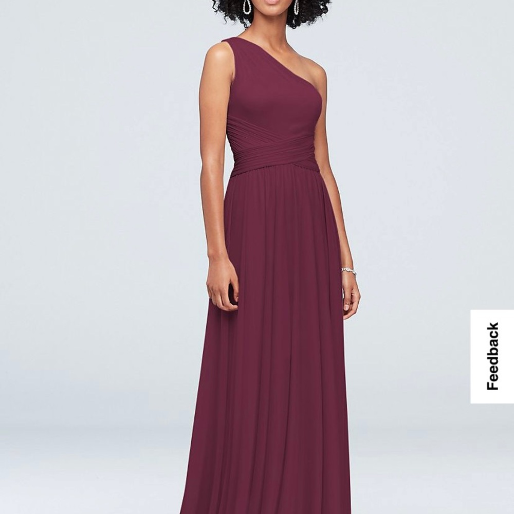 David’s Bridal Mesh One-Shoulder Bridesmaid Dress (Color: Wine) Unaltered